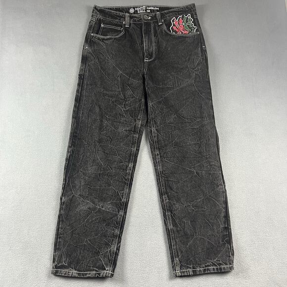 Ninth Hall Ambush Jeans Mens 32 Black Eagle Snake Baggy Wide Leg Hip Hop Y2K - Picture 1 of 14